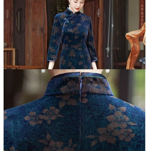 Mujeres Otoño Invierno Terciopelo Qipao Vestido Chino Largo Cheongsam Noche Fiesta Vestido - Imagen 5 de 17