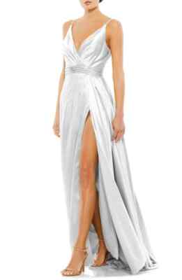 Mac Duggal 12443 Wrap Front Pleated Satin Gown SZ 4 ($598) White