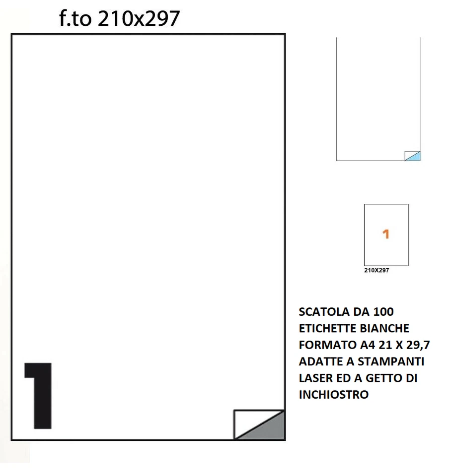 100 FOGLI A4 CARTA ADESIVA 100 ETICHETTE 210x297 mm INKJET LASER