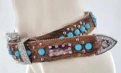 BHW Cowhide Western Rhinestone Bling Leather Belt BHW Womens M Belt Leather Faux Cow Fur Rhinestone Western  main image 4