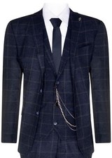 Mens 3 Piece Wool Suit Navy Blue Tweed Check Peaky Blinders 1920 Gatsby Formal