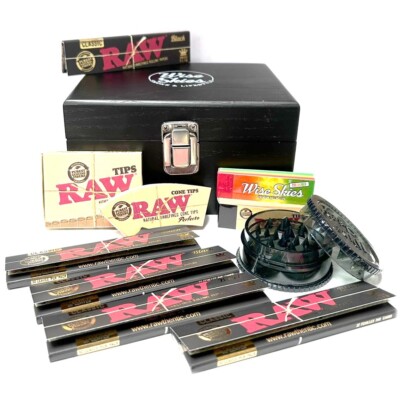Wise Skies schwarz Mini Rollbox Set Rohpapiere Tipps Brecher Konvolut Zubehör