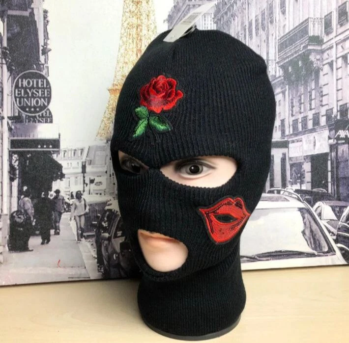 3 Hole Ful Face Ski Mask Embroider kisses and roses Custom patch balaclava