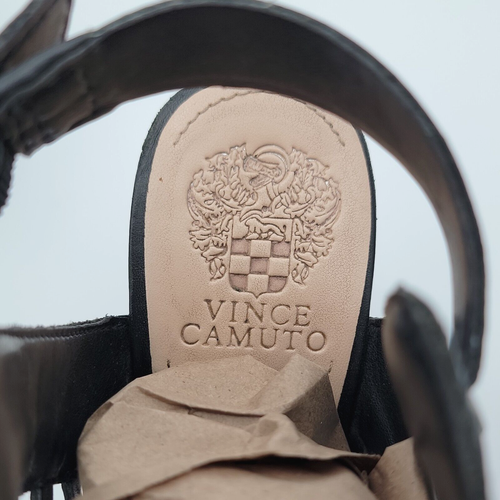 Black Strappy Gladiator Heels Sz10M Ellrita Peep Toe Leather 3in Vince Camuto - Picture 5 of 15