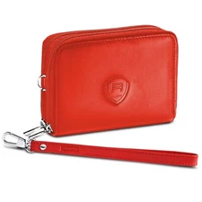 Alban Women's Red Leather RFID Blocking Wallet Zippered Closure with Wrist Strap