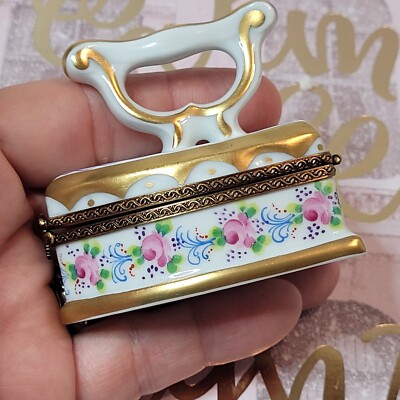 Peint Main Chamart Iron Shaped Trinket Box Floral Gilt Romantic Limoges France