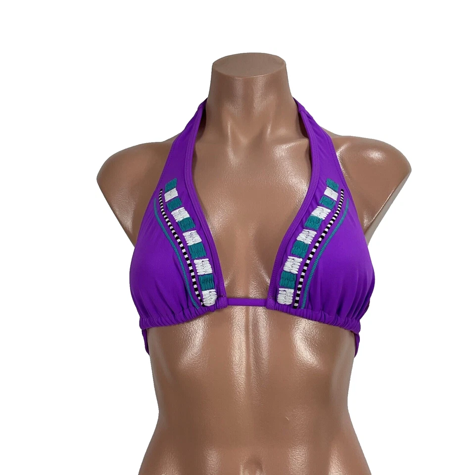 Maiô biquíni vintage Y2K HURLEY roxo bordado acolchoado halter triângulo top M - Imagem 3 de 4