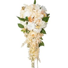 10 Inch Champagne Dahlia White Rose Cascading Bouquets for Bride Pearl Fall W...
