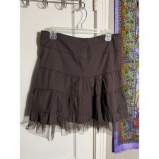 Y2K Brown Tiered Ruffle Mini Skirt Sheer Mesh Hem Fairy Grunge - Size L
