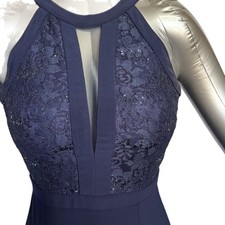 Navy Lace Halter Maxi Dress Sequin Bodice Mesh Panel Prom Formal Evening Gown