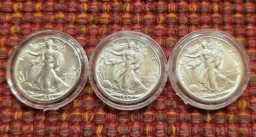 Lot of 3 Walking Liberty Silver Half Dollars (1941, 1942 and 1943 A-BU) US Coins