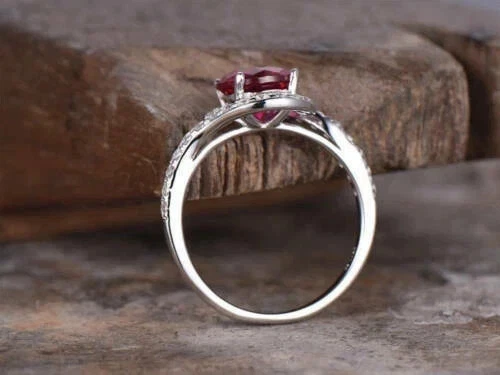 solid 14K White Gold Plated 2.20Ct Round Cut Lab-Created Red Ruby Ring - Image 3 of 4