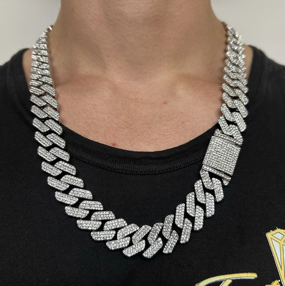 Cadena de eslabones cubanos Hip Hop 25,5” 19 mm helada VVS1 moissanita plateada Miami Foto 2 de 4
