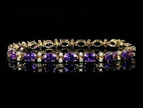 Brazalete tenis diamante amatista de corte ovalado de 7 quilates enchapado en oro amarillo de 14 quilates Foto 2 de 4