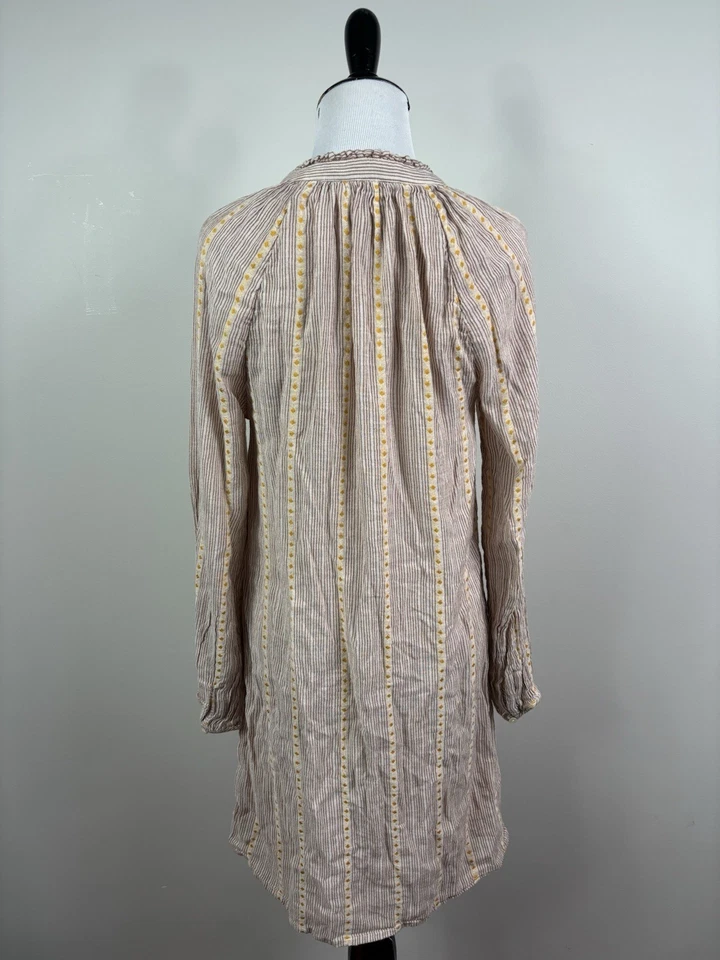 Vestido Lucky Brand S Beige Marrón Rayas Hilo Teñido Campesino Corbata Cuello Manga Larga Foto 3 de 4