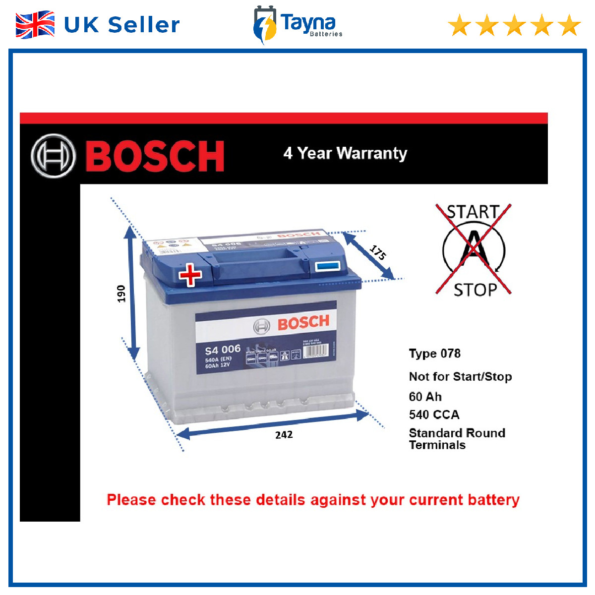 Battery fits FORD BRONCO AEROSTAR 2.9 3.0 4.0 85 to 97 Bosch 078 540A 60Ah New