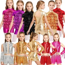 US Girls Kids Crop Top Shorts Fringe Glove Outfit Sequin Jazz Dancewear Costume