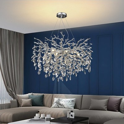 Modern Crystal Raindrop Chandelier Round Silver Tree Branches Hanging Pendant