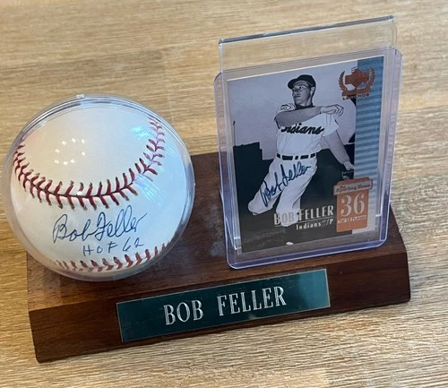 Bob Feller HOF Autographed Baseball & Autographed Baseball Card  Signed Lot
