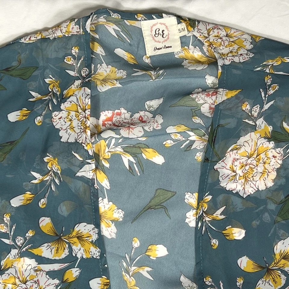 Cárdigan Kimono Floral Grace & Emma Chaqueta Plumero Boho Transparente S/M Amarillo Teal Foto 3 de 4