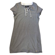 Tommy Hilfiger Women Striped Lace Up Neck Casual L T Shirt Dress Short Sleeve