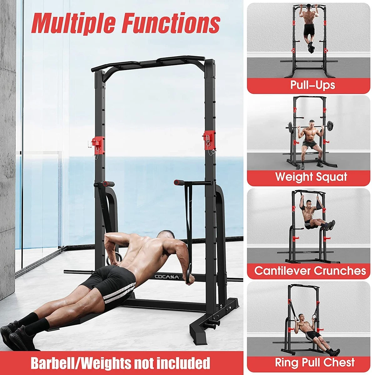 Power Cage Squat Rack Adjustable Weight Lifting Power Tower Pull Up Bar Home  Gym