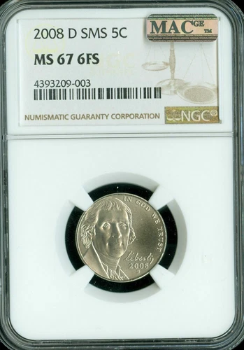 2008 D JEFFERSON NICKEL NGC MS67 FS SMS  MAC SPOTLESS RARE *