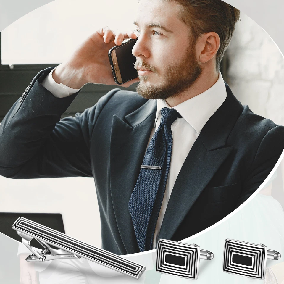Tie Clasp Cuff Links Set Men Business Wedding Tuxedo Necktie Clips Bar Cufflinks - Image 4 of 4