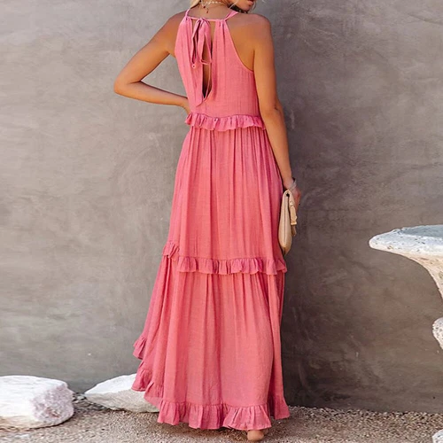 Womens Summer Maxi Dress Sleeveless Halter Neck Flowy Ruffle Hem Long Boho Dress - Picture 10 of 32