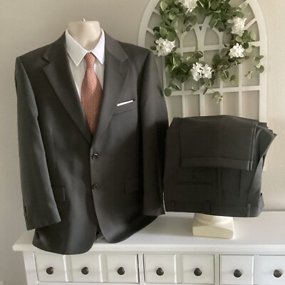 EVAN PICONE BLACK LABEL 2 Btn 100% Wool Drk Gray 2 Btn Suit sz 42R 34X31
