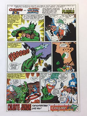 Captain Colgate 1989 Colgate Junior toothpaste cartoon ad ~ CAPTAIN AMERICA Count ...