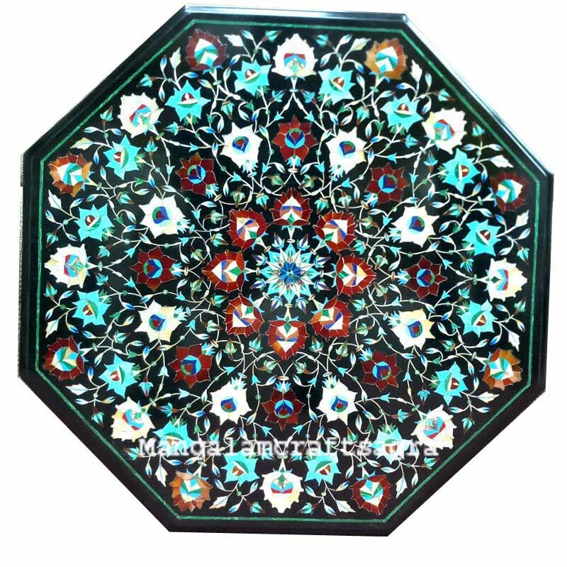 21-inch handmade marble corner table with semi-precious stone inlay decor