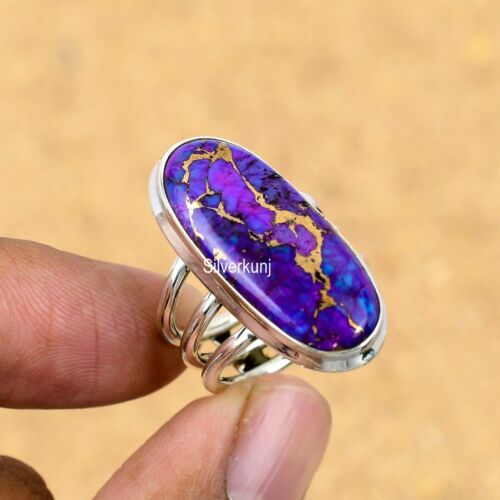 Anillo Boho de joyería de plata de piedra preciosa púrpura turquesa hecho a mano de cobre en todos los tamaños - Imagen 1 de 4