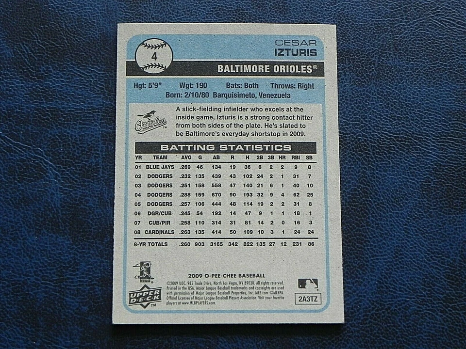 2009 O-Pee-Chee OPC 4 Cesar Izturis Baltimore Orioles - Image 2 of 2