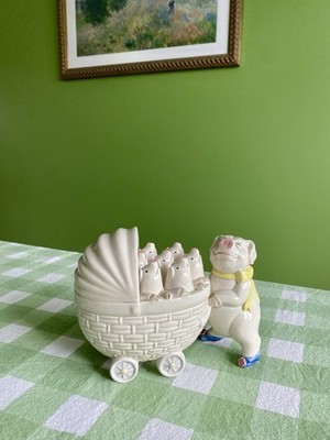 1985 Fitz & Floyd Mama Schwein Ferkel Kinderwagen Buggy Schmuckschale selten Vintage Fund 