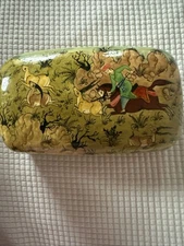 Trinket Box - Vintage Lacquered Wood Inlaid Marquetry Box Hunting Scene - EUC