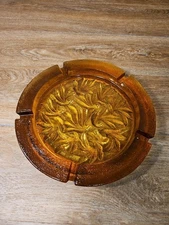 L.E. Smith Sand Scroll Heavy Amber Glass Ash Tray 10” Textured Design Vintage