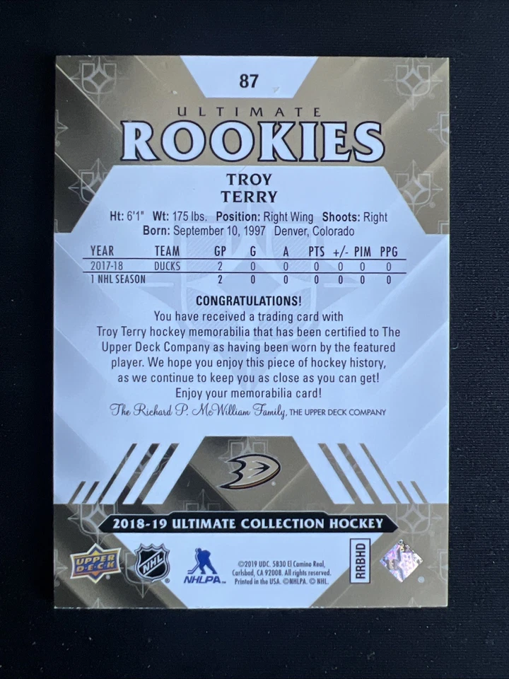 2018-19 Upper Deck Ultimate Collection Rookies Jerseys /399 Troy Terry Rookie RC - Image 4 of 4