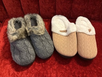 NWT women's Grey + Tan Ultraideas cable knitted cushioned slippers Sz XL 11-12