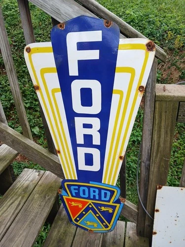 VINTAGE LARGE FORD PORCELAIN METAL SIGN 40" CAR TRUCK AUTO DEALER SALES SERVICE