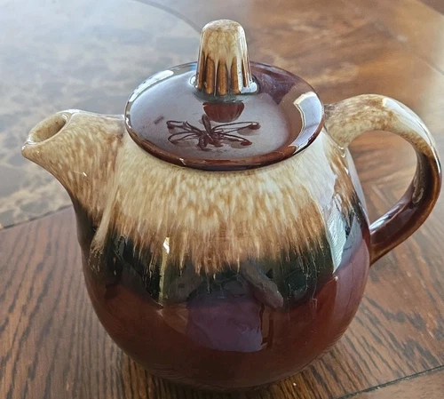 Vintage Hull Pottery Brown Drip Ball Shaped Tea Pot & Lid Oven Proof USA  6 3/4"