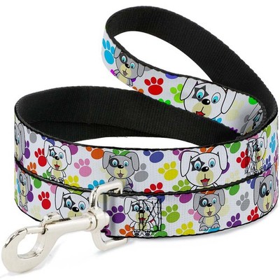 Dog Leash Puppies w/Paw Prints White/Multi Color NARROW 0.5'' (US IMPORT)