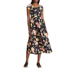 NEW CHAPS BLACK YELLOW FLORAL COTTON MIDI FIT AND FLARE DRESS SIZE PXL PETITE