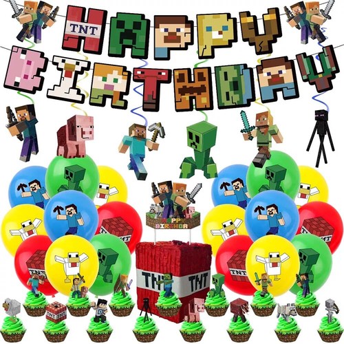 Minecraft Party Decoration Pixel Birthday Supplies Banner Cakes Toppers Balloons