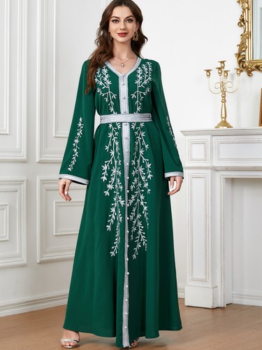Muslimische Stickerei elegant Kaftan Maxikleid bescheiden Frauen Abaya Dubai Partykleid - Bild 5 von 53