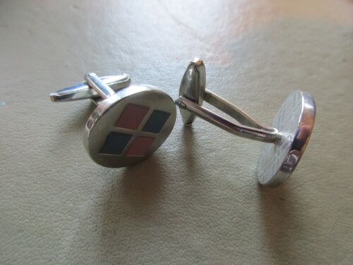 VINTAGE RETRO SILVER TONE PINK BLUE ENAMEL CHEQUERED GENTS MENS UNISEX CUFFLINKS - Picture 2 of 3