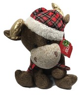 Be Jolly Stuffed Plush Moose Christmas Animal With Plaid Santa Hat and Scarf 16"