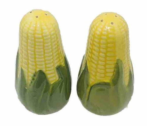 SHAWNEE Corn Cob Salt & Pepper Shaker Set 5.25”H Yellow & Green Ceramic NO CORKS - Picture 2 of 7