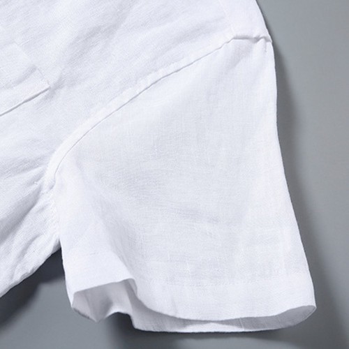Camicia uomo maniche corte lino casual cotone abbassato tinta unita bottoni - Foto 10 di 30