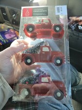 CHRISTMAS TREE RED PICK-UP TRUCK ORNAMENTS SET/ 3 Resin